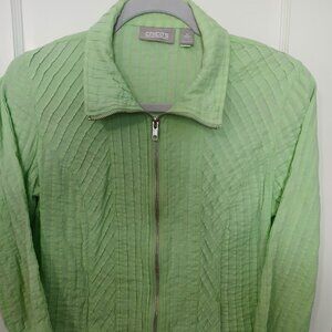 CHICO WOMENS ZIP FRONT BLOUSE, PLEATED, GREEN SEERSUCKER, LONG SLEEVE SIZE 0